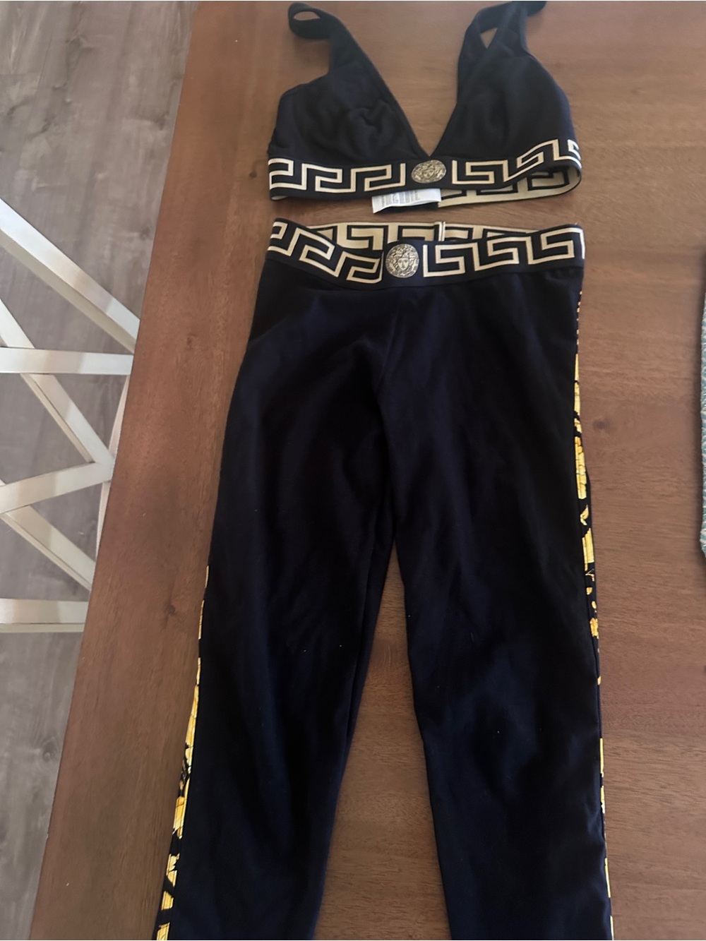 Versace Black Leggings and Bralette with Gold Greek Key Trim